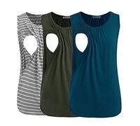 Smallshow Set da 3 Maglia Top da Allattamento Donna,Army Green-Teal-Light Grey Stripe,M