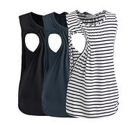 Smallshow Set da 3 Maglia Top da Allattamento Donna,Black-Dark Grey-White Stripe,S