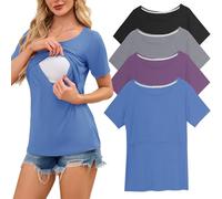 Smallshow Set da 4 Maglia da Allattamento Donna,Blue-Black-Light Grey-Misty Lilac,L