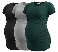 Smallshow T Shirt da Donna Premaman con Scollo a V Maglietta Gravidanza con Lati Increspati Set 3 Pezzi,Black-Deep Green-Light Grey,M