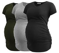 Smallshow T Shirt da Donna Premaman con Scollo a V Maglietta Gravidanza con Lati Increspati Set 3 Pezzi,Army Green-Black-Light Grey,L
