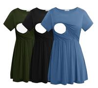 Smallshow Top premaman da donna per allattamento a maniche corte, confezione da 3, Verde militare, nero, grigio, blu (3 confezioni), L