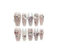 Smalto for unghie fatto a mano, nail art a forma di becco d'anatra lungo rosa con diamanti pieni, unghie finte riutilizzabili e rimovibili, 10 pezzi(Long pink,XS)