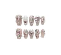 Smalto per unghie fatto a mano, rosa carino pieno diamante lungo a forma di becco d'anatra, riutilizzabile, unghie finte staccabili, 10 pezzi (rosa corto, XS)