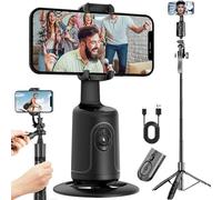 Smart AI Facial Recognition Phone Tripod, Auto Face Tracking & 360° Rotating Tripods Selfie Stick, Smart Tracking Gimbal Tripod with Remote for Video Recording Vlogging Selfie (Black with Tripod)