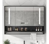 Smart - Armadietto da bagno con specchio per il trucco anti-appannamento, montaggio a parete, visualizzazione ora e temperatura, portasciugamani, nero (100 x 12 x 75 cm)