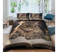 Smart cat readingcopripiumino morbida microfibra 3 Pezzi stampa 3D con cerniera Cute scholarly style Set Di Copripiumino con federa soffice morbida for adolescenti Super king（260x220cm）