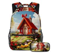 Smart Choice for Students, set di 2 zaini per bambini con borsa per libri da viaggio, casa con croce di Pasqua rossa, Multicolore, B:29.4x20x40cm P:19x7.5x3.8cm, Zaini Daypack