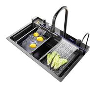 Smart Digital Display Single Bowl Stainless Steel Sink Nano Coating Workstation Kitchen Sink with One-Piece Faucet Gun Gray 68x46x22CM - Modern Waterfall Design