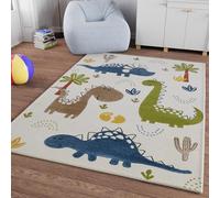 Smart Kids Tappeto per bambini in tessuto emozionante avventure con simpatici motivi dinosauri - Dino & Friends (80 x 150 cm, crema bianco)