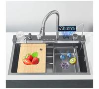 Smart - Lavello da cucina in acciaio inox con display della temperatura, rondella e doppia cascata, 80 x 45 x 21 cm, nero e grigio, per cucine contemporanee