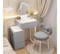 Smart Makeup Vanity Set con specchio LED, tavolo allungabile e sgabello in legno massello, ampio spazio di archiviazione, elegante design grigio, 60 cm, stazione di bellezza per la casa