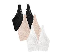 Smart & Sexy Women's Signature Lace Deep V Neck Wireless Bralette, Bralettes for Women with Support, Bralettes And Bralette Pack in The Buff/White/Black M