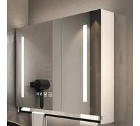 Smart - Specchio da bagno con illuminazione a LED, con vano portaoggetti e antiappannamento, rettangolare, montaggio a parete, con barra porta asciugamani e interruttore touch, specchio moderno