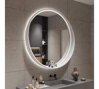 Smart Specchio da bagno rotondo da parete con illuminazione a LED, regolabile, cornice in legno massello, non si appanna, design infrangibile (bianco, 50 cm)