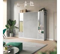 SMARTBett Set da parete con letto per armadio, 140 x 200 cm, verticale + 2 armadi a specchio, bianco/cemento