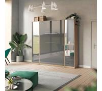 SMARTBett Set da parete con letto per armadio, 140 x 200 cm, verticale + 2 armadi a specchio, rovere selvatico/antracite lucido