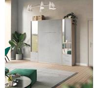 SMARTBett Set da parete con letto per armadio, 140 x 200 cm, verticale + 2 armadi a specchio, rovere Sonoma/cemento