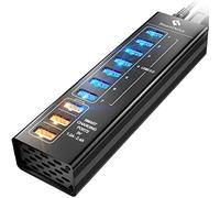 SmartDelux Powered USB Hub - 10-Port USB 3.0 Hub with 7 USB 3.0 Ports, 3 Smart Charging Ports, Power Adapter, Long Cord, LEDs - Black Aluminum