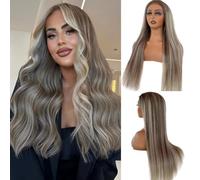 Smartinnov Parrucca da donna con pizzo frontale in pizzo biondo ombré, 66 cm, 33 x 15 cm, parrucca trasparente con pizzo frontale, balayage da marrone dorato a biondo, densità 150%, attaccatura dei