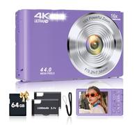 SMARTKLIK Fotocamera digitale per adolescenti, bambini FHD 4K 44MP con scheda SD da 64 GB, zoom digitale 16X, fotocamera compatta viola