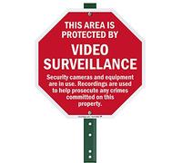 SmartSign Cartello in alluminio, leggenda This Area is Protected by Video Surveillance, 30,5 cm alto segno ottagonale più 3' alto palo, rosso su bianco