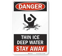Smartsign Safety Sign, Legend"danger: Thin Ice Deep Water, nero/rosso e bianco, 18" x 12", Black/Red on White, 1