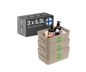 SmartStore Contenitore in plastica medio con manici 3× 5,3 L | Cestino organizer per bagno, lavanderia, cucina, ufficio | Contenitore beige con 10 anni di garanzia | L29,5 ×P19,5×H12cm