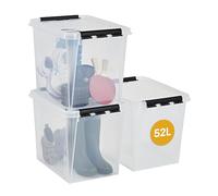 SmartStore Contenitori grandi in plastica con coperchio 52L, confezione da 3, rinforzati, trasparenti, per alimenti, chiusura a clip, impilabili e impilabili, senza BPA, 50 x 39 x 41 cm
