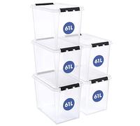 SmartStore Contenitori in plastica con coperchio, 61 l, confezione da 5, rinforzati, trasparenti, per alimenti, chiusura a clip, impilabili e impilabili, senza BPA, 59 x 39 x 43 cm