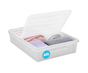 SmartStore Grande scatola portaoggetti da mettere sotto il letto, con coperchio e ruote, 60 l, coperchio pieghevole trasparente, clip resistenti, in plastica riciclata, 79 x 59 x 18,5 cm