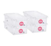 SmartStore Scatola sottoletto con ruote trasparente in plastica da 30L Set di 4Impilabili e Sovrapponibili - Garanzia di 10 Anni - Sicure per Alimenti - Chiusura con Clip - L72 x P40 x A19 cm