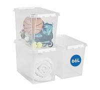SmartStore Scatole di stoccaggio grandi da 66L con Coperchi - Set di 3 Impilabili e Sovrapponibili - Garanzia di 10 Anni - Sicure per Alimenti - Chiusura con Clip - L59 x P39 x A43 cm