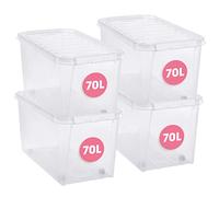 SmartStore Scatole di stoccaggio grandi da 70L con coperchi e ruote - Set di 4 Impilabili e Sovrapponibili - Garanzia di 10 Anni - Sicure per Alimenti - Chiusura con Clip - L72 x P40 x A38cm