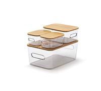 SmartStore - Set di 4 scatole compatte M S XS con coperchio in bambù, scatola trasparente, coperchio naturale