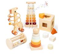 Smartwo Giochi in Legno Montessori 5 in 1, Regali Bambini 1 Anno, Motricità Fine Bambini 1 2 3 Anni, Giocattolo Educativo Multiattività Bimbo con Torre Impilabile, Xilofono, Labirinto Perline
