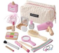 Smartwo Gioco di Trucco e Parrucchiere in Legno per Bambine, 19 Pezzi, Cosmetici Finiti in Legno con Borsetta, Giocattoli di Ruolo, Accessori Toeletta Ragazze, Regalo di Compleanno per 3 4 5 6 Anni