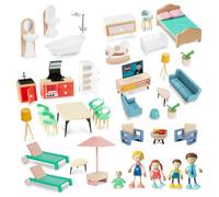 Smartwo Mobili Casa Bambole 43PCS, Accessori Casetta Bambole, Mobili e Famiglie in Legno e Plastica in Miniatura, Culla Cucina Stanze Personaggi per Dollhouse, Regalo Compleanno Ragazza