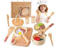 Smartwo Pentole Giocattolo per Bambini, Accessori Cucina Giocattolo Legno, Set di Pentole e Padelle in Legno, Utensili Cucina Bambini con Posate e Cibo, Giochi di Ruolo per 3 4 5 6 Anni