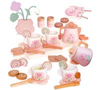 Smartwo Set da Tè in Legno per Bambini, Regalo Bambina 2 3 4 5 Anni Rosa, Accessori Cucina Giocattolo per Bambini, Giochi in Legno per Bambini, Tea Party per Bambini con Dolci e Lecca-Lecca, 24 Pezzi