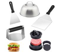 Smash - Set per hamburger in acciaio inox, 5 smash hamburger, set versatile per hamburger, con pressa per hamburger, spatola e campana per hamburger, per la preparazione di hamburger e torte di carne