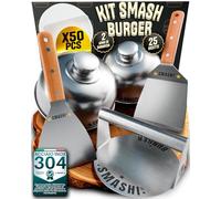 SMASHI® Kit Smash Burger Professionale in Acciaio Inox 304 Certificato Contatto Alimenti UE | Pressa Hamburger + Spatole con Manico in Legno + Accessori | Include 25 Ricette (Professionale)