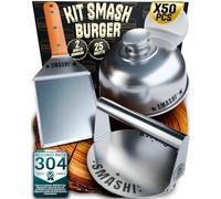 SMASHI® Kit Smash Burger Professionale in Acciaio Inox 304 Certificato Contatto Alimenti UE | Pressa Hamburger + Spatole con Manico in Legno + Accessori | Include 25 Ricette (Esperto)