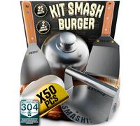 SMASHI® Kit Smash Burger Professionale in Acciaio Inox 304 Certificato Contatto Alimenti UE | Pressa Hamburger + Spatole con Manico in Legno + Accessori | Include 25 Ricette (Classico)