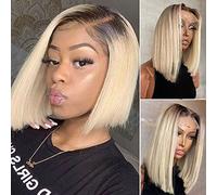 Smavida Ombre Bob, parrucca frontale in pizzo, capelli umani brasiliani, senza colla, parrucca Bob per donne nere, ombré 1B/Highlights Bob, parrucche corte, 25,4 cm, nodo sbiancato, densità 180%