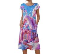 SMAZDFXX Abiti da Donna Pink House Bohemian Traspiranti a Maniche Corte, Scollo Rotondo, vestibilità fluida, Lunghezza Media con Tasche