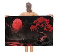 SMAZDFXX Asciugamano da spiaggia oversize con paesaggio di alberi e luna rossa, 51x31 pollici, asciugatura rapida, anti-sabbia, in microfibra leggera per nuoto, yoga, campeggio