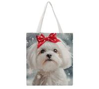 SMAZDFXX Aspettando il Natale con la borsa in tela stampata maltese, borsa riutilizzabile per la spesa, 15" x 16"