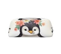 SMAZDFXX Astuccio portapenne con motivo pinguino che indossa fiori, astuccio portapenne con cerniera, astuccio portapenne in pelle di grande capacità, borsa per il trucco portatile per donne e uomini