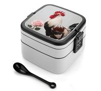 SMAZDFXX Bento Box a doppio strato con cucchiaio, scomparti divisi e maniglia per il trasporto, porta pranzo con motivo Gallo Rosso Bianco Rosa Rosa per ufficio, picnic